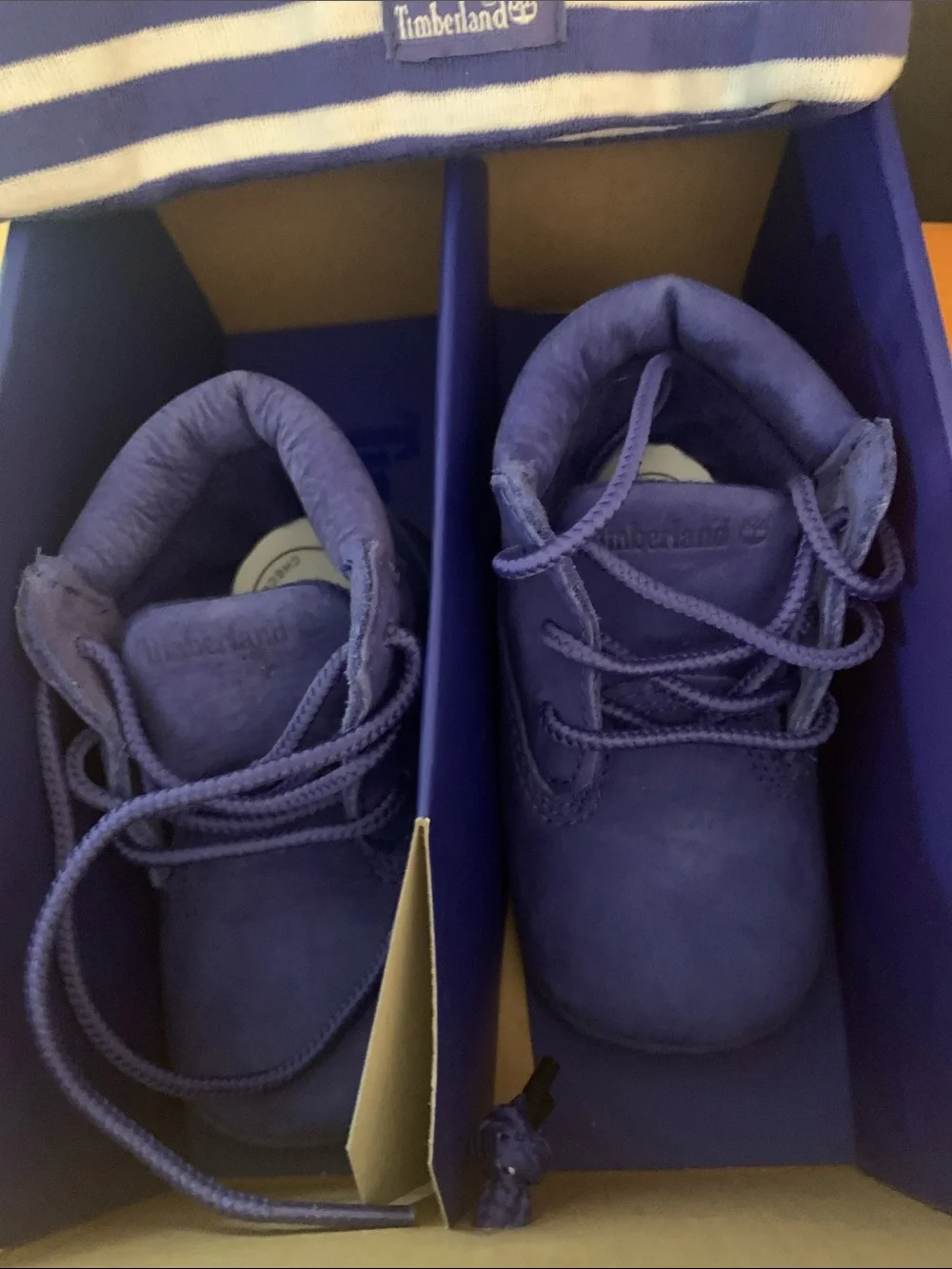 Timberland Kids Purple Suede Boots with Striped Beanie
